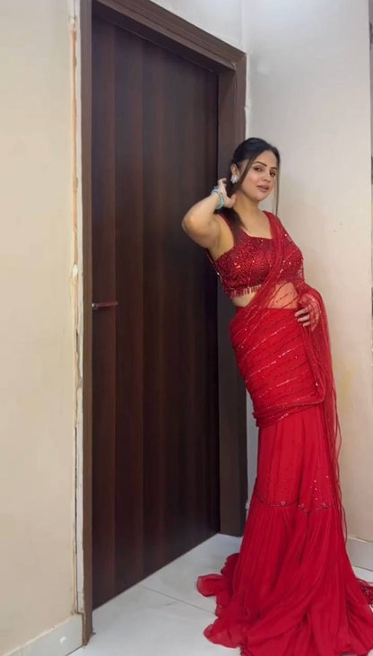 Party Wear Red Color Ready To Wear Georgette Net Sequence Work Lehenga Saree