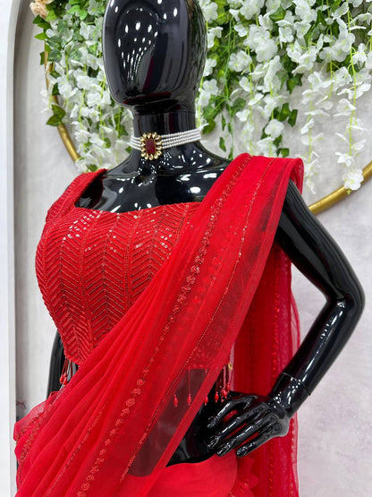 Party Wear Red Color Ready To Wear Georgette Net Sequence Work Lehenga Saree