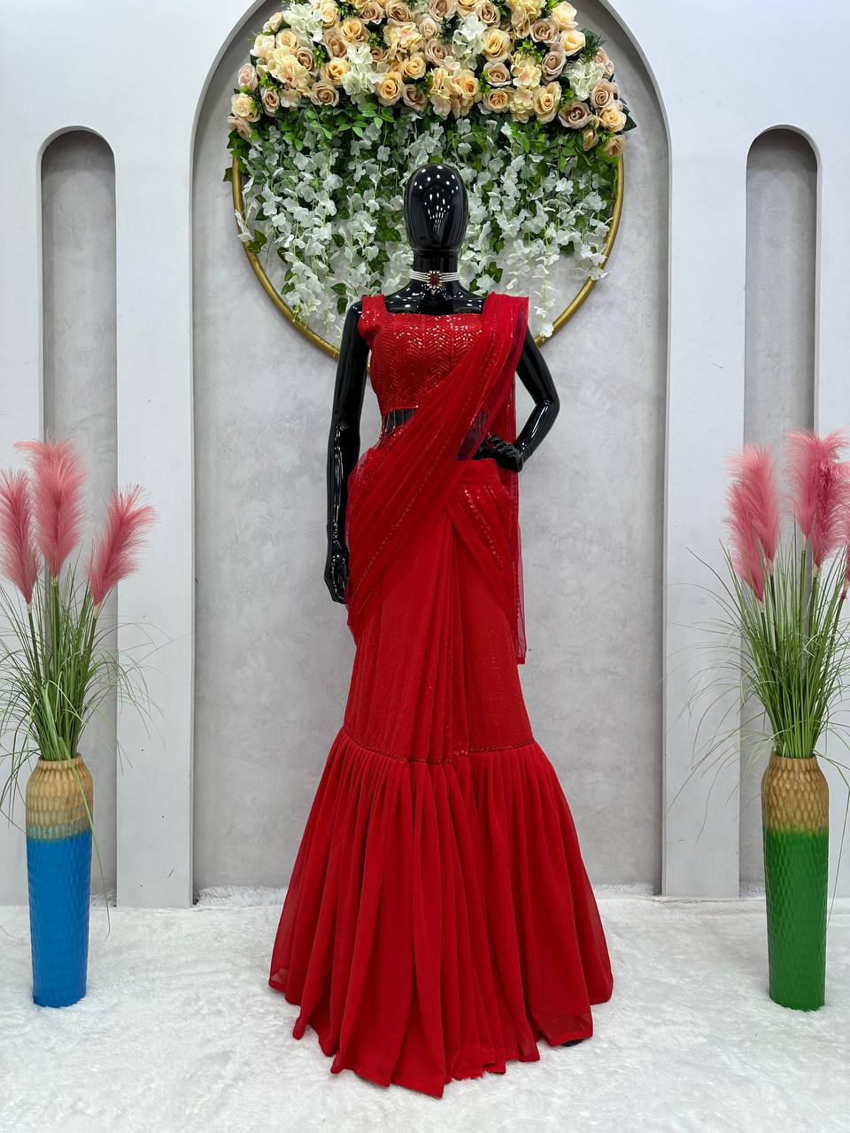 Party Wear Red Color Ready To Wear Georgette Net Sequence Work Lehenga Saree