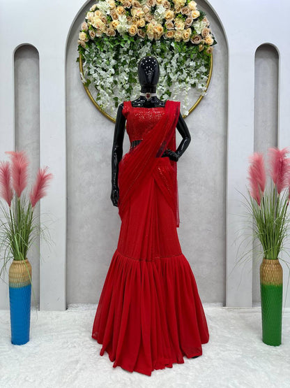 Party Wear Red Color Ready To Wear Georgette Net Sequence Work Lehenga Saree