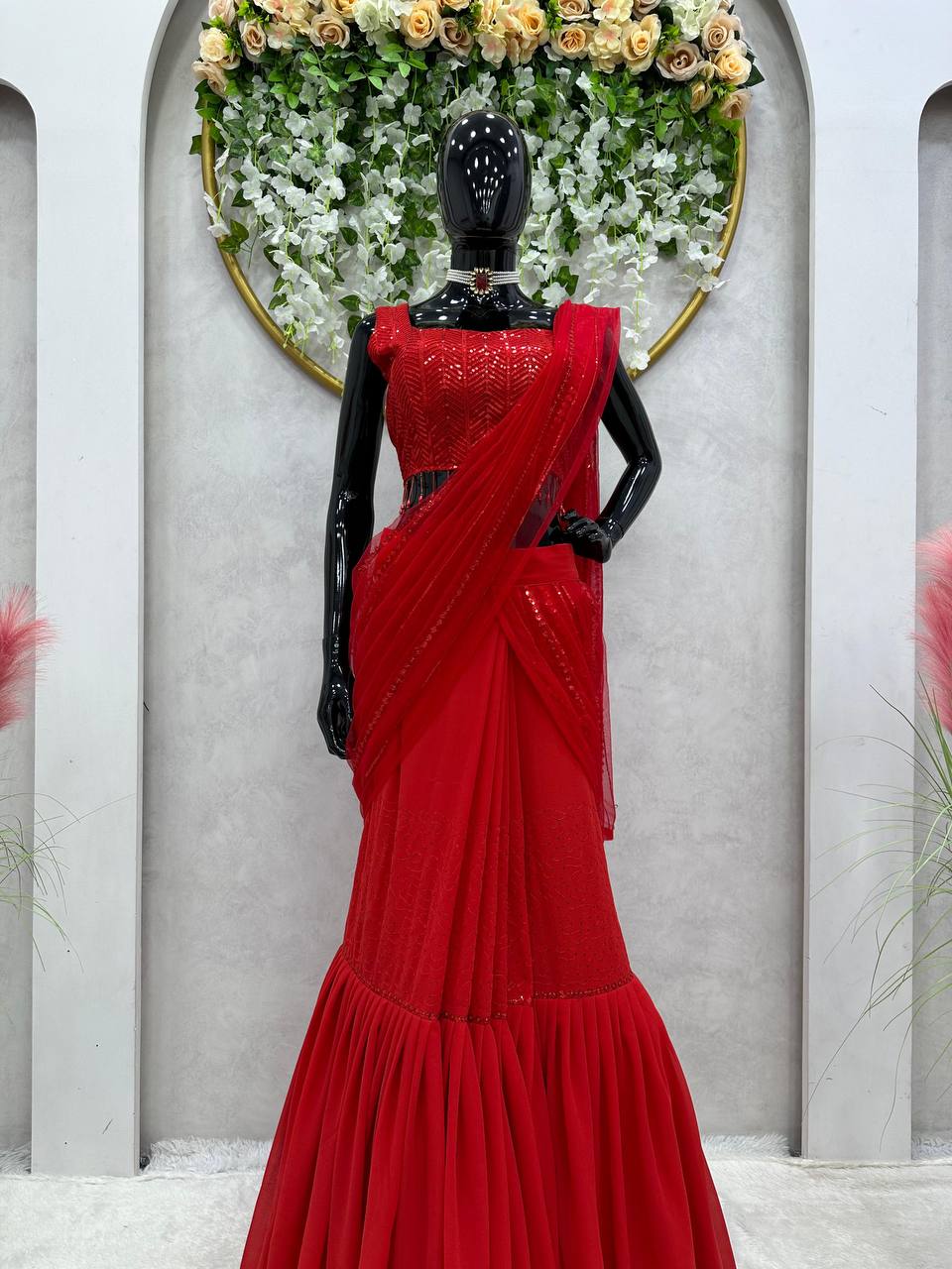 Party Wear Red Color Ready To Wear Georgette Net Sequence Work Lehenga Saree