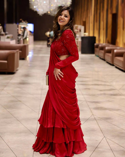 Party Wear Red Color Chinon Silk Sequnce Work Ready To Wear Lehenga Saree For Women