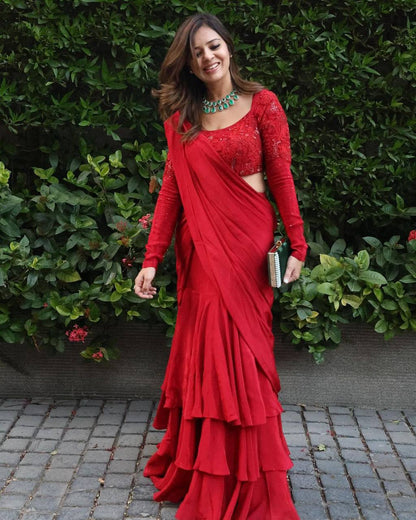 Party Wear Red Color Chinon Silk Sequnce Work Ready To Wear Lehenga Saree For Women