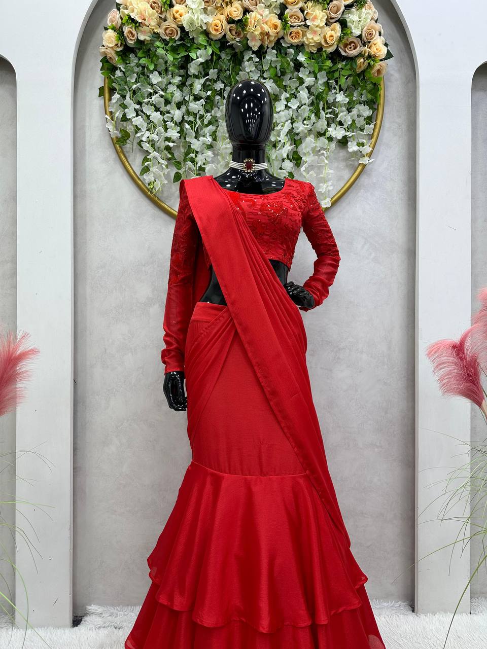 Party Wear Red Color Chinon Silk Sequnce Work Ready To Wear Lehenga Saree For Women