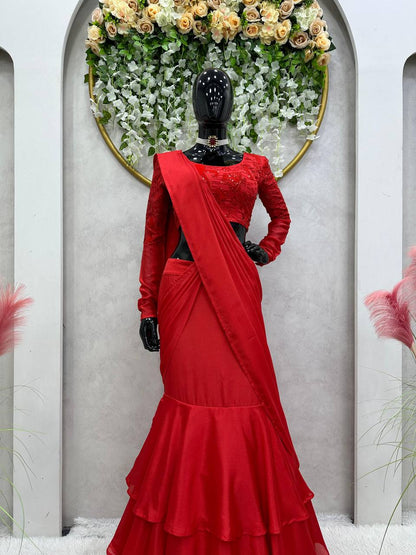 Party Wear Red Color Chinon Silk Sequnce Work Ready To Wear Lehenga Saree For Women