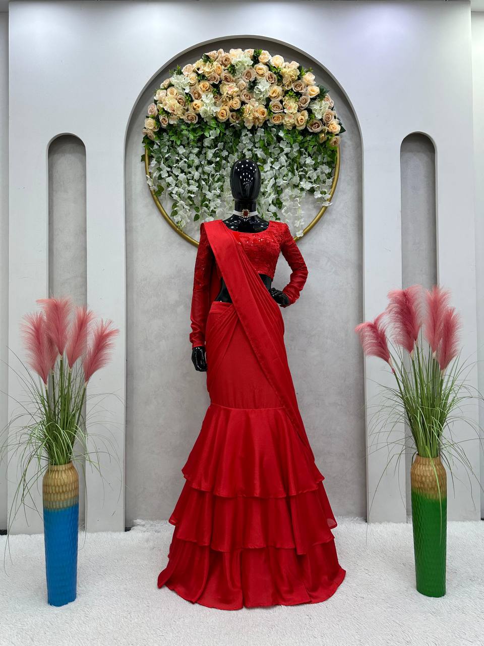 Party Wear Red Color Chinon Silk Sequnce Work Ready To Wear Lehenga Saree For Women