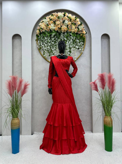 Party Wear Red Color Chinon Silk Sequnce Work Ready To Wear Lehenga Saree For Women