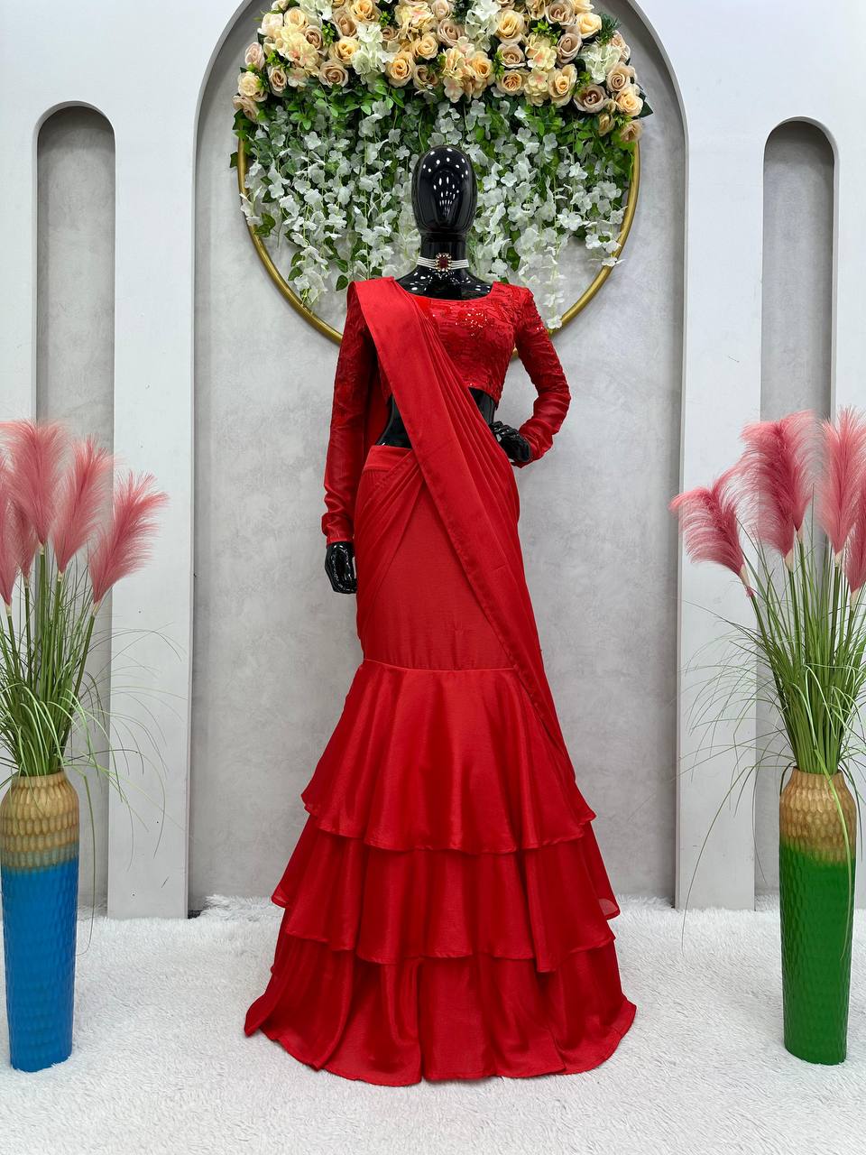 Party Wear Red Color Chinon Silk Sequnce Work Ready To Wear Lehenga Saree For Women