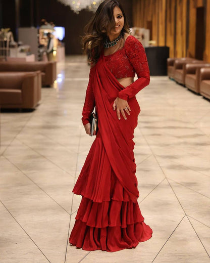 Party Wear Red Color Chinon Silk Sequnce Work Ready To Wear Lehenga Saree For Women
