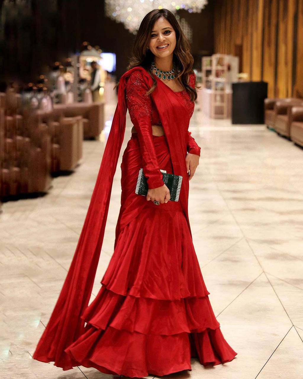 Party Wear Red Color Chinon Silk Sequnce Work Ready To Wear Lehenga Saree For Women