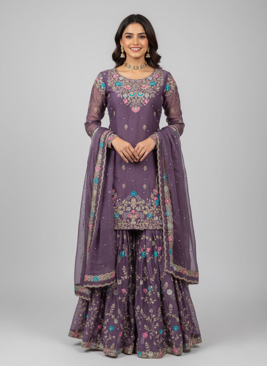 Premium JMC Silk Sharara Set with Sequence & Rivet Moti Work