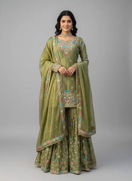 Premium JMC Silk Sharara Set with Sequence & Rivet Moti Work