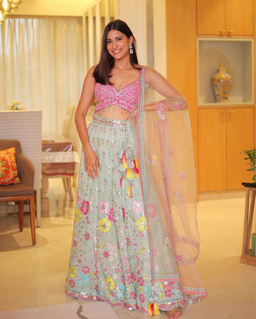 Wedding Wear Georgette Mirror Sequence Embroidered Work Lehenga Choli