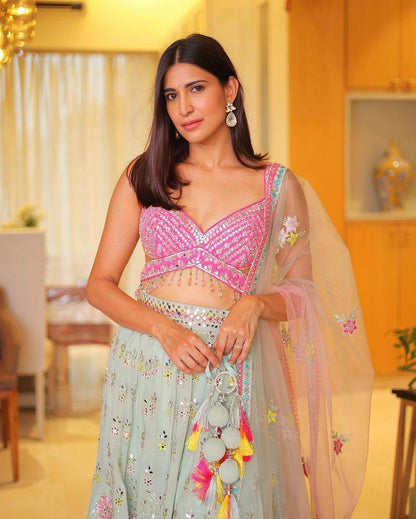 Wedding Wear Georgette Mirror Sequence Embroidered Work Lehenga Choli