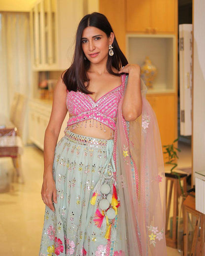 Wedding Wear Georgette Mirror Sequence Embroidered Work Lehenga Choli
