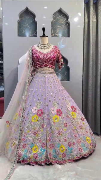 Wedding Wear Georgette Mirror Sequence Embroidered Work Lehenga Choli