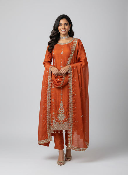 Graceful Fendy Silk Embroidery Suit with Cut-Work Dupatta