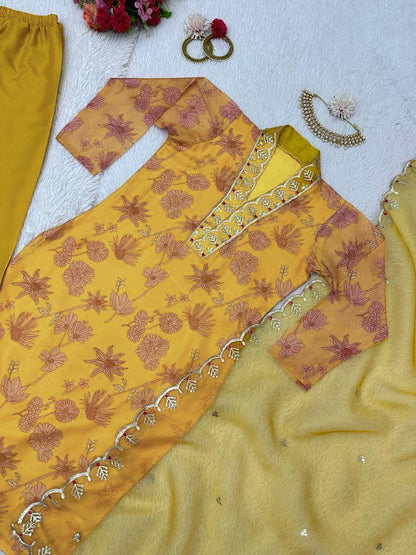 Stunning Mustard Color Ready Made Oranza Sequence Thread Work Salwar Suit