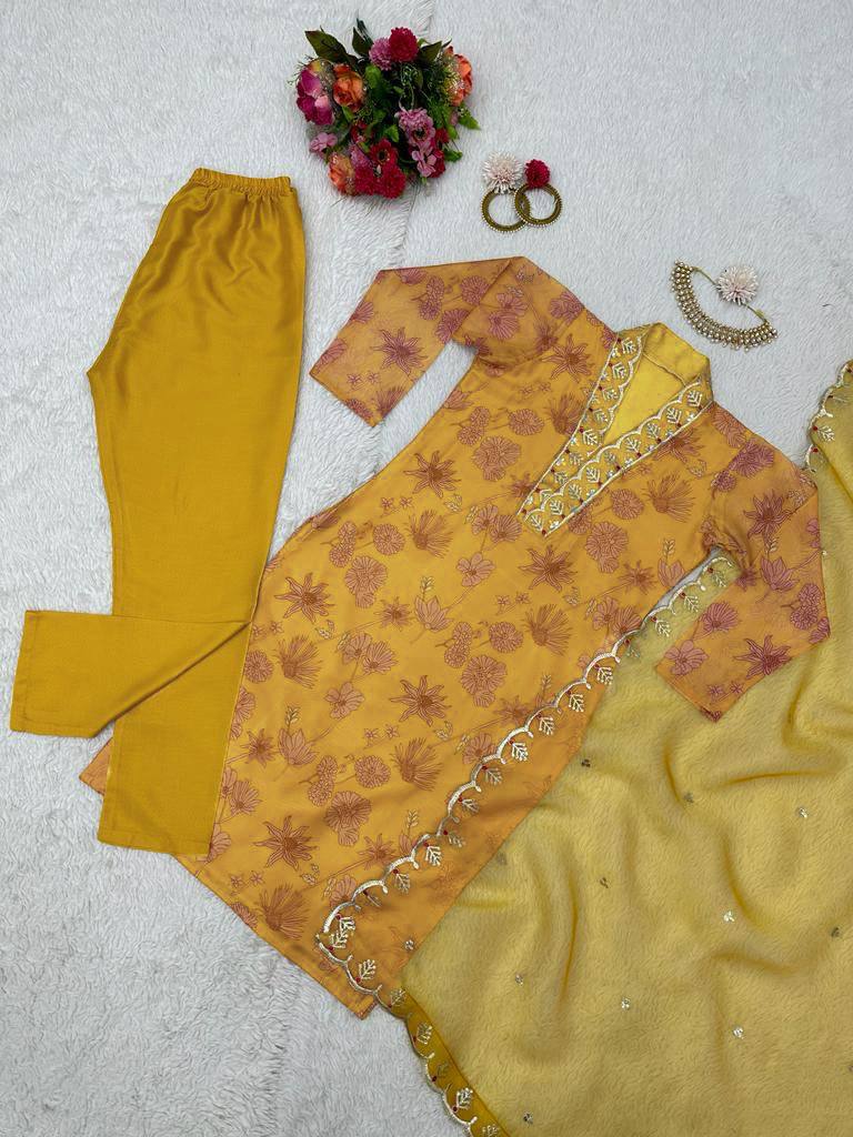 Stunning Mustard Color Ready Made Oranza Sequence Thread Work Salwar Suit