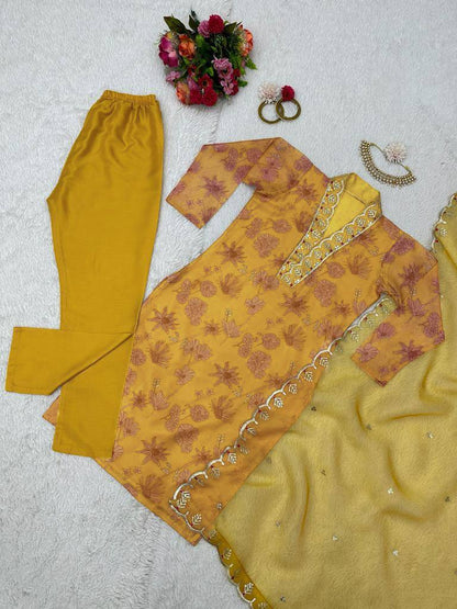 Stunning Mustard Color Ready Made Oranza Sequence Thread Work Salwar Suit