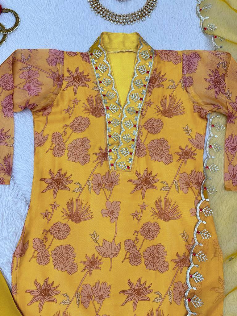 Stunning Mustard Color Ready Made Oranza Sequence Thread Work Salwar Suit