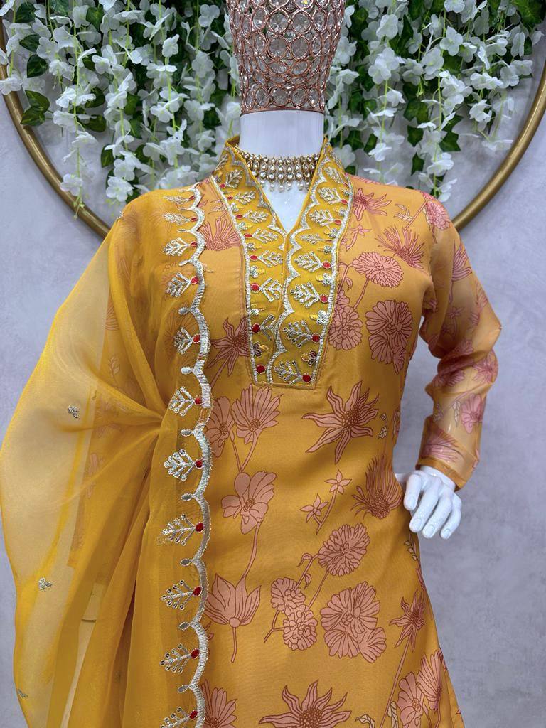 Stunning Mustard Color Ready Made Oranza Sequence Thread Work Salwar Suit