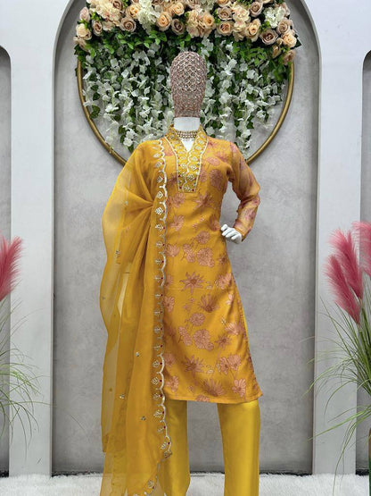 Stunning Mustard Color Ready Made Oranza Sequence Thread Work Salwar Suit