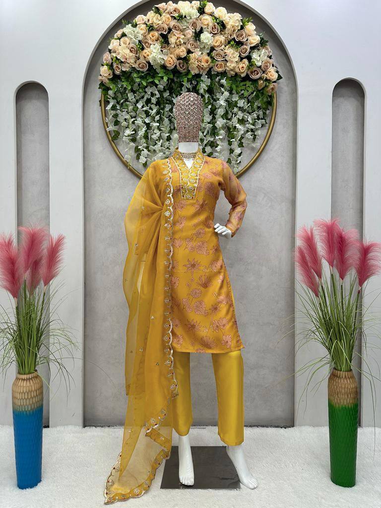 Stunning Mustard Color Ready Made Oranza Sequence Thread Work Salwar Suit