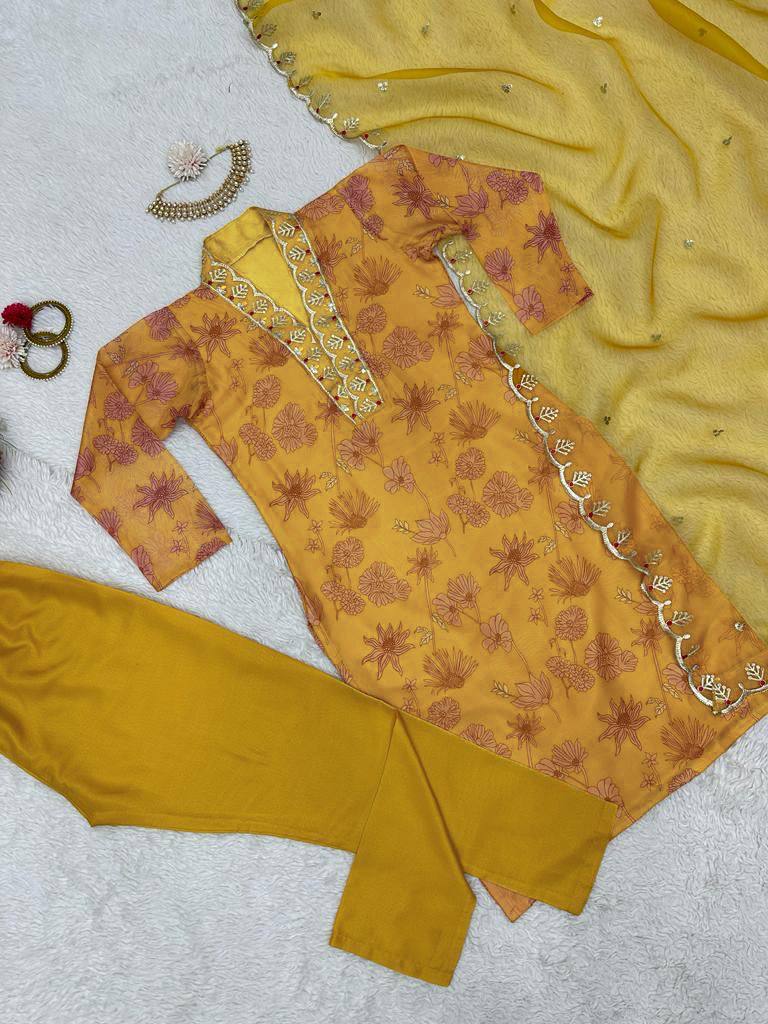 Stunning Mustard Color Ready Made Oranza Sequence Thread Work Salwar Suit