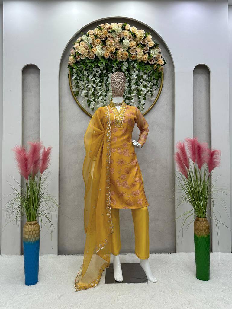 Stunning Mustard Color Ready Made Oranza Sequence Thread Work Salwar Suit