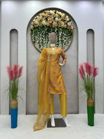 Stunning Mustard Color Ready Made Oranza Sequence Thread Work Salwar Suit