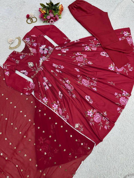 Trendy Red Color Maslin Silk Digital Printed Hand Work Salwar Suit