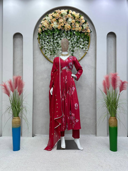 Trendy Red Color Maslin Silk Digital Printed Hand Work Salwar Suit