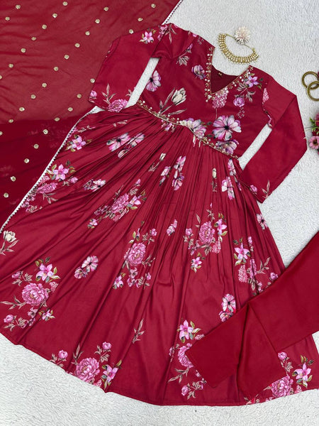 Trendy Red Color Maslin Silk Digital Printed Hand Work Salwar Suit