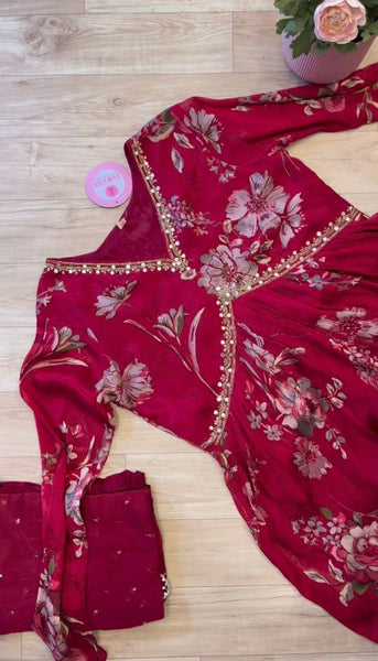 Trendy Red Color Maslin Silk Digital Printed Hand Work Salwar Suit