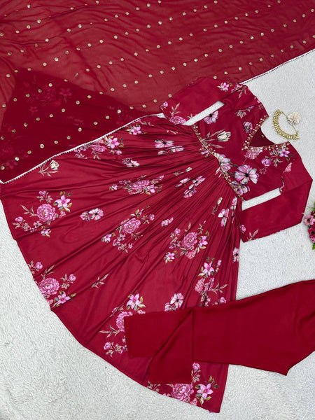 Trendy Red Color Maslin Silk Digital Printed Hand Work Salwar Suit