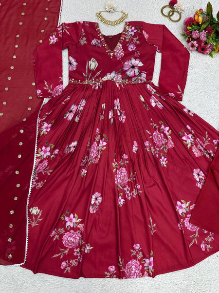 Trendy Red Color Maslin Silk Digital Printed Hand Work Salwar Suit