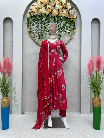 Trendy Red Color Maslin Silk Digital Printed Hand Work Salwar Suit