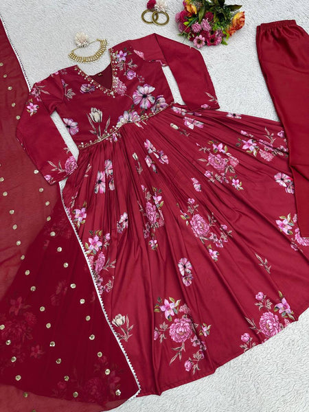 Trendy Red Color Maslin Silk Digital Printed Hand Work Salwar Suit