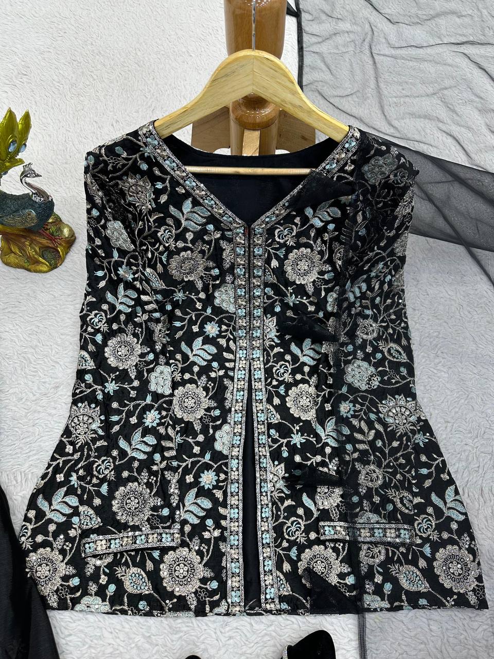 Black Color Chinon Silk Sequence Work Ready Made Sharara Suit For Women