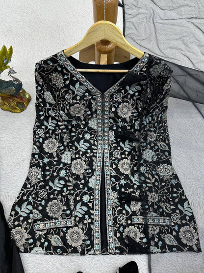 Black Color Chinon Silk Sequence Work Ready Made Sharara Suit For Women