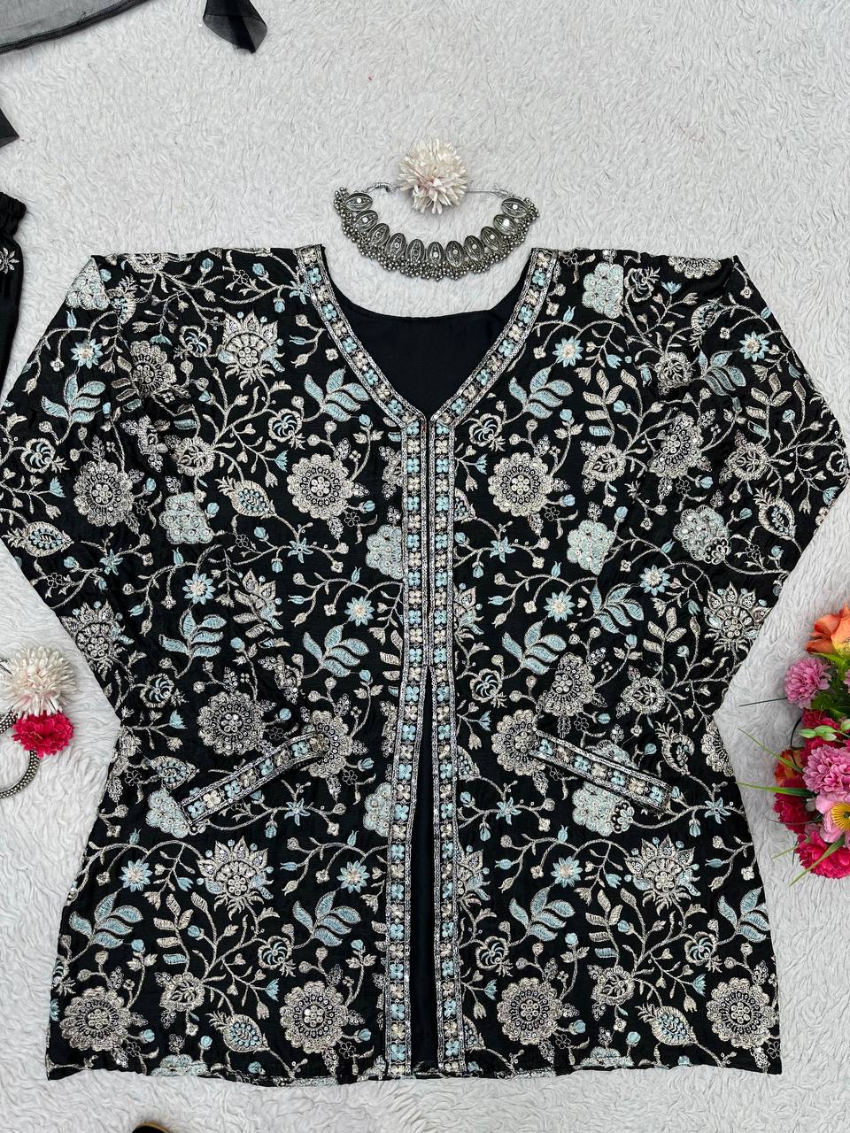 Black Color Chinon Silk Sequence Work Ready Made Sharara Suit For Women