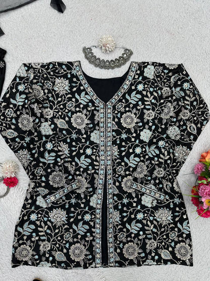 Black Color Chinon Silk Sequence Work Ready Made Sharara Suit For Women