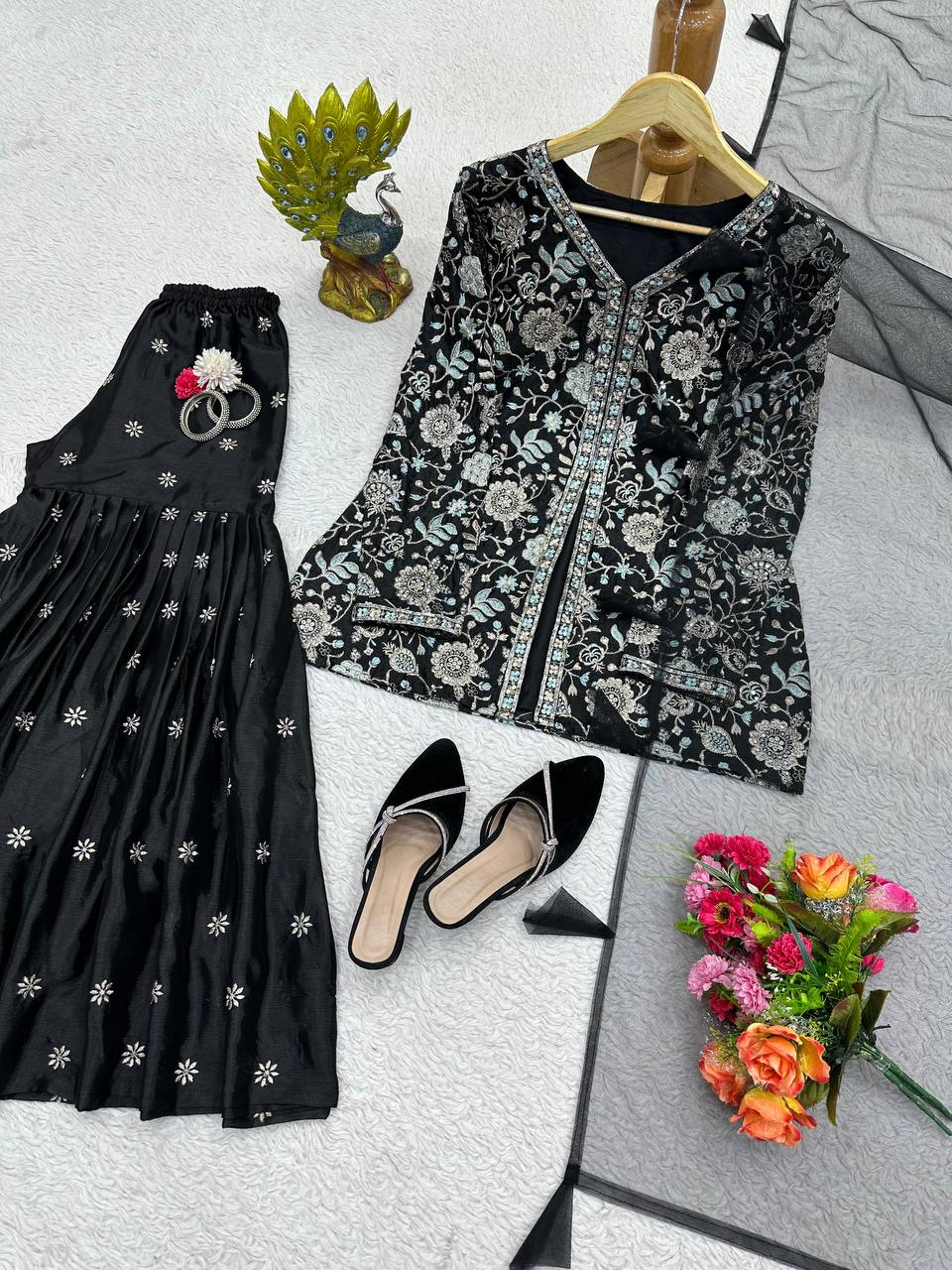 Black Color Chinon Silk Sequence Work Ready Made Sharara Suit For Women