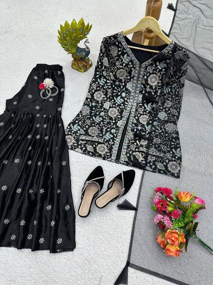 Black Color Chinon Silk Sequence Work Ready Made Sharara Suit For Women