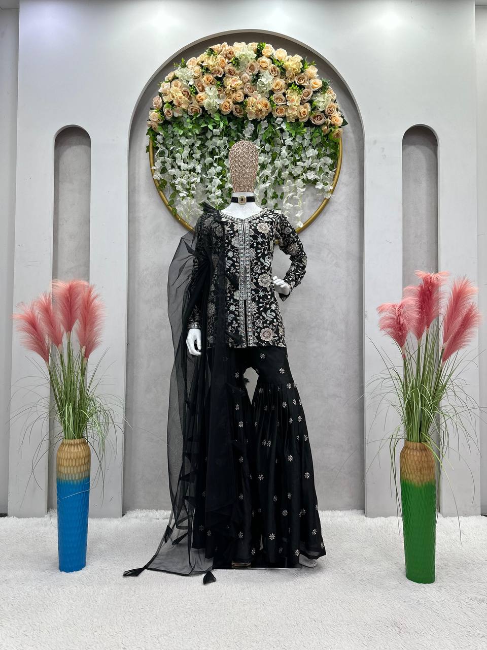 Black Color Chinon Silk Sequence Work Ready Made Sharara Suit For Women