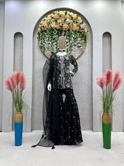 Black Color Chinon Silk Sequence Work Ready Made Sharara Suit For Women