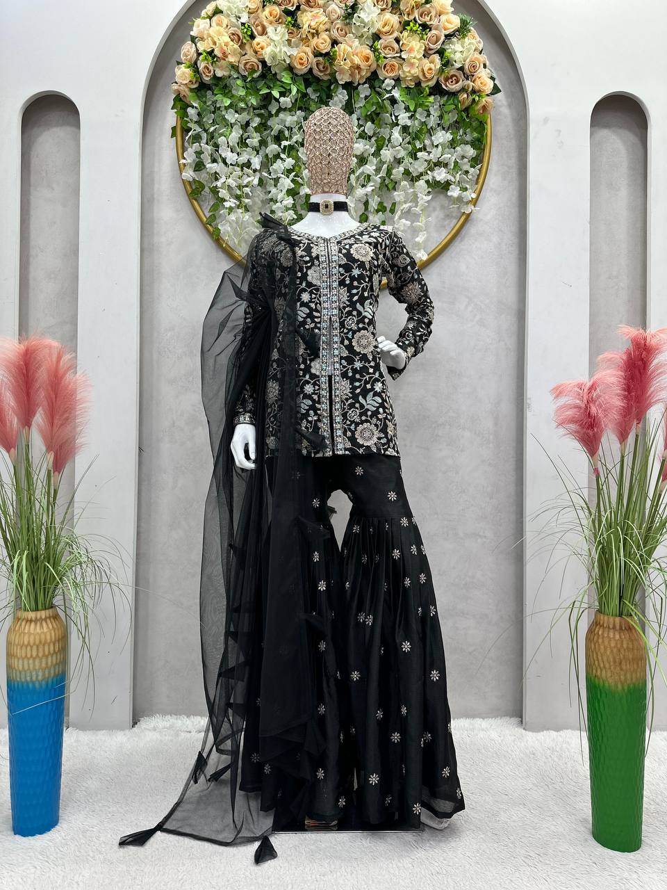 Black Color Chinon Silk Sequence Work Ready Made Sharara Suit For Women