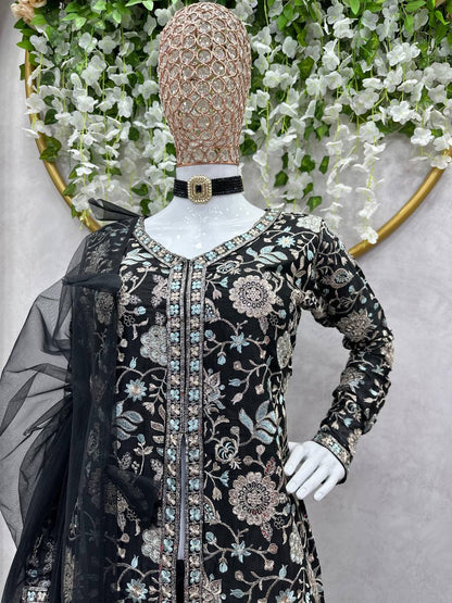 Black Color Chinon Silk Sequence Work Ready Made Sharara Suit For Women