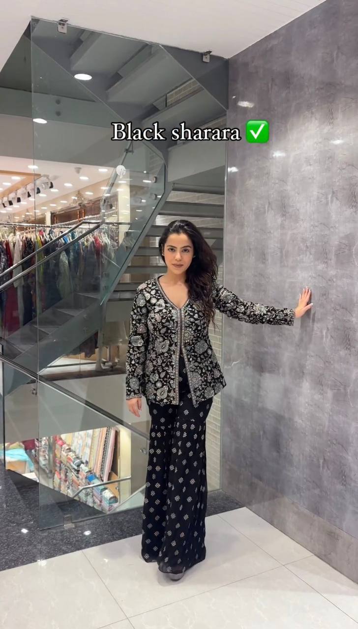 Black Color Chinon Silk Sequence Work Ready Made Sharara Suit For Women